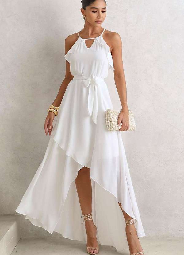 Miss Misses - Vestido Lidia Longo Crepe com Babado e com Faixa Branco