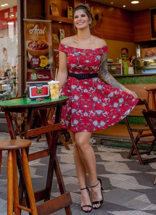 Limone - Vestido Limone Ombro a Ombro Estampado Vermelho