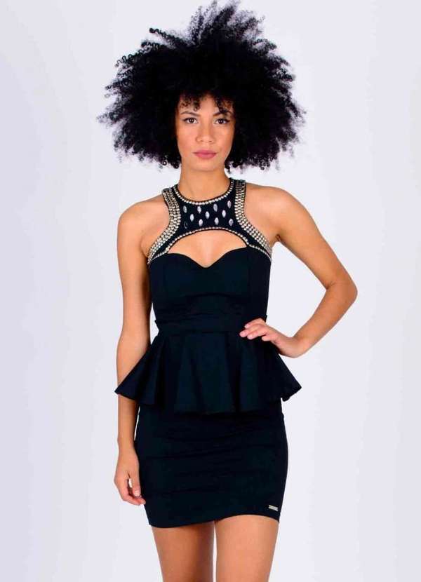 Limone - Vestido Limone Tubinho Liso com Detalhe Pedras Preto Preto