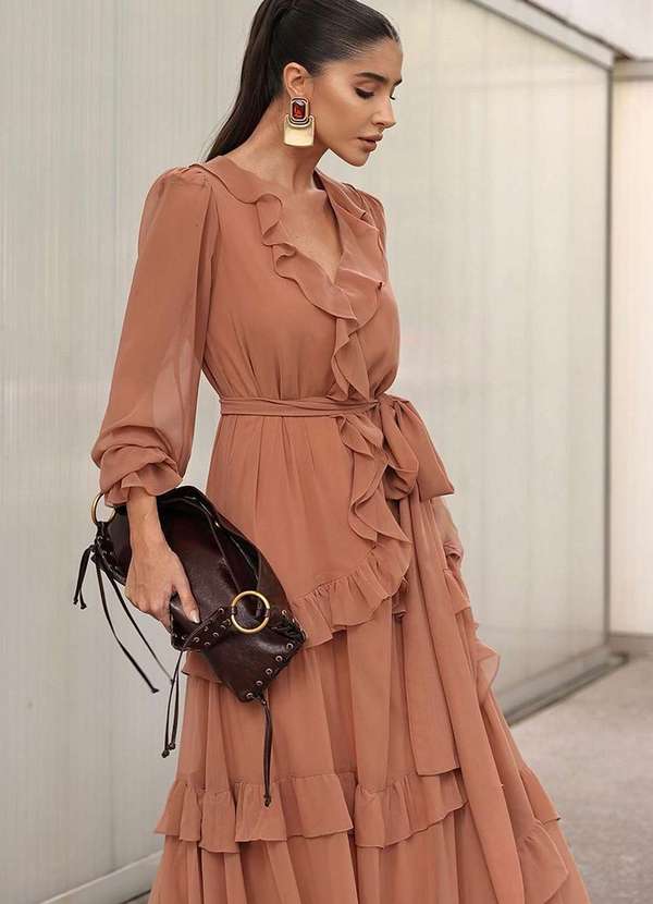 Dot Clothing - Vestido Longo Dot Clothing Babado Marrom