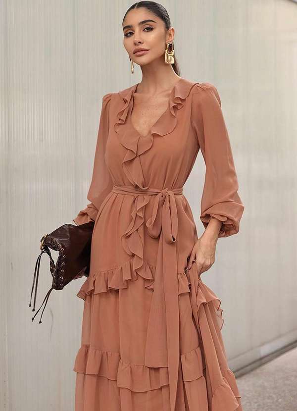 Dot Clothing - Vestido Longo Dot Clothing Babado Marrom 2