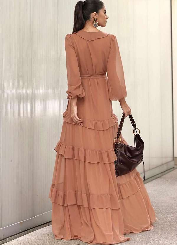 Dot Clothing - Vestido Longo Dot Clothing Babado Marrom 3