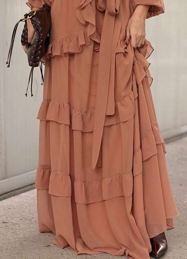 Dot Clothing - Vestido Longo Dot Clothing Babado Marrom 4