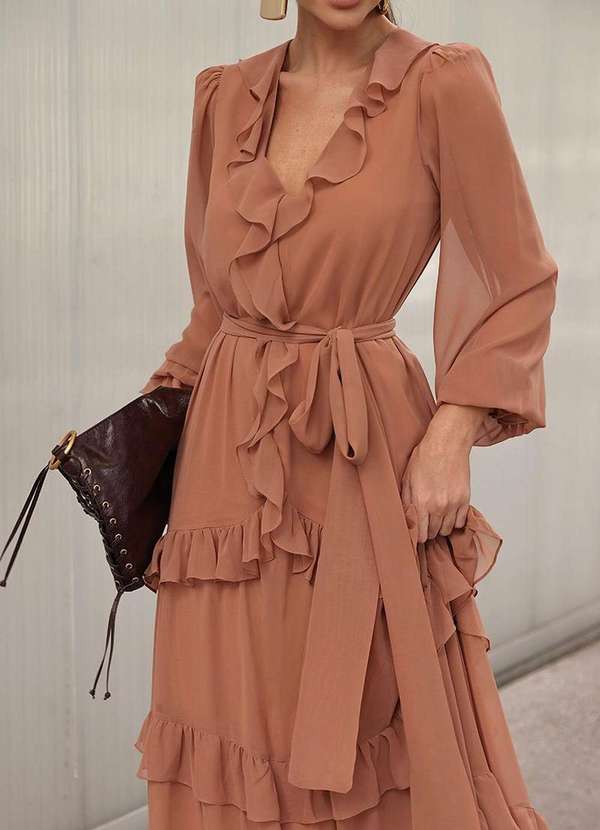 Dot Clothing - Vestido Longo Dot Clothing Babado Marrom 5