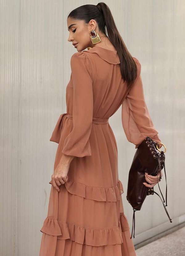 Dot Clothing - Vestido Longo Dot Clothing Babado Marrom 6