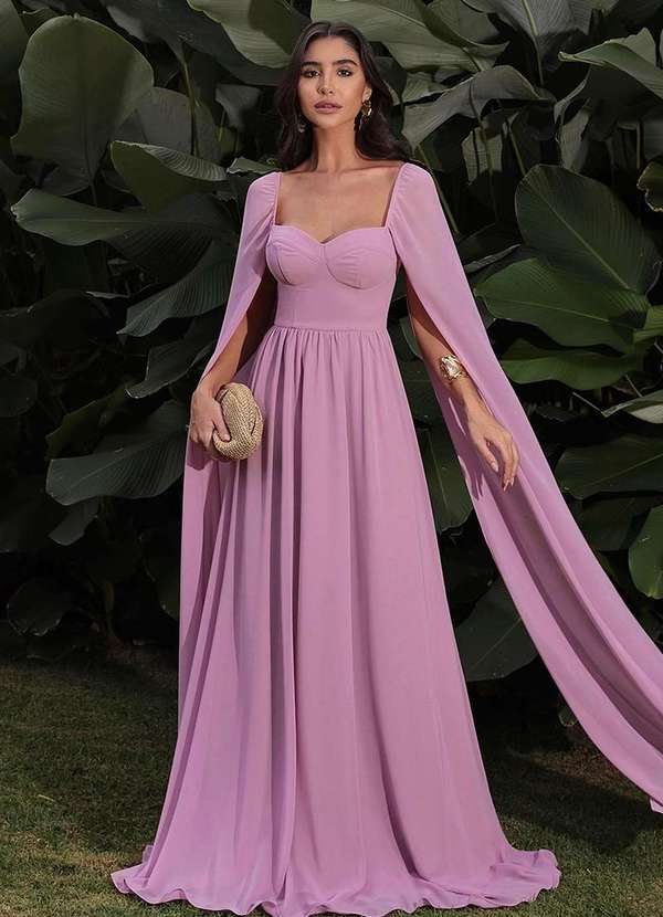 Dot Clothing - Vestido Longo Dot Clothing Manga Capa Rosa Rosa