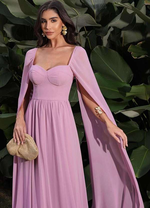 Dot Clothing - Vestido Longo Dot Clothing Manga Capa Rosa Rosa 4