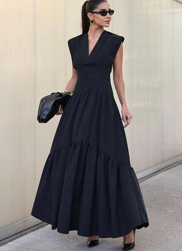 Dot Clothing - Vestido Longo Dot Clothing Pesponto Preto