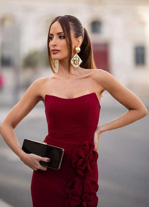 Dot Clothing - Vestido Longo Dot Clothing Tqc com Flor Marsala Vermelho 4