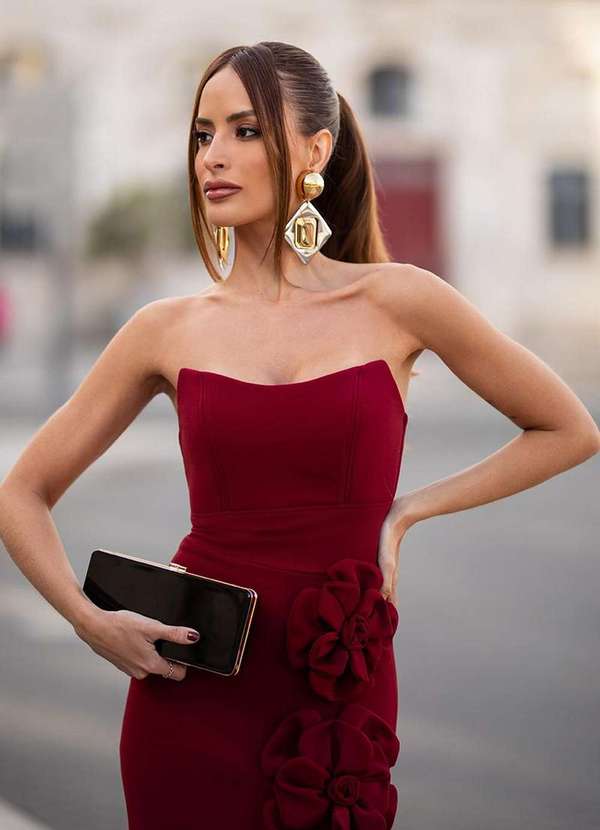 Dot Clothing - Vestido Longo Dot Clothing Tqc com Flor Marsala Vermelho 5