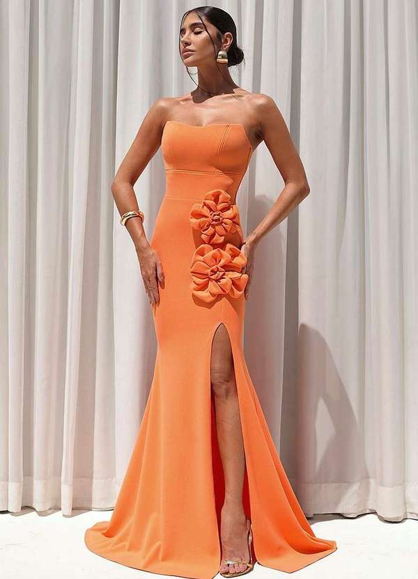 Dot Clothing - Vestido Longo Dot Clothing Tqc com Flor Laranja