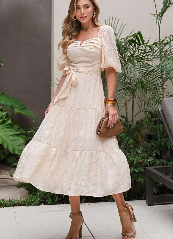 Miss Misses - Vestido Marcela Laise Manga 3/4 e c/ Faixa Bege