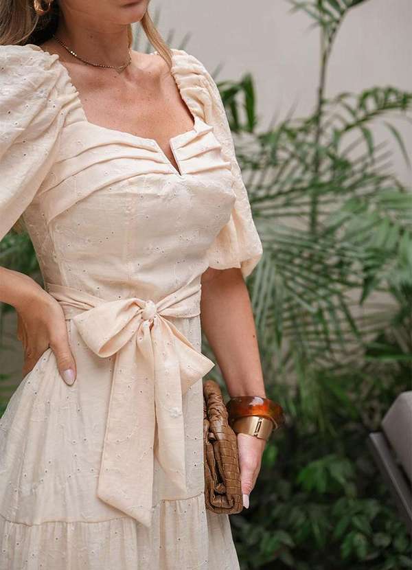 Miss Misses - Vestido Marcela Laise Manga 3/4 e c/ Faixa Bege 5