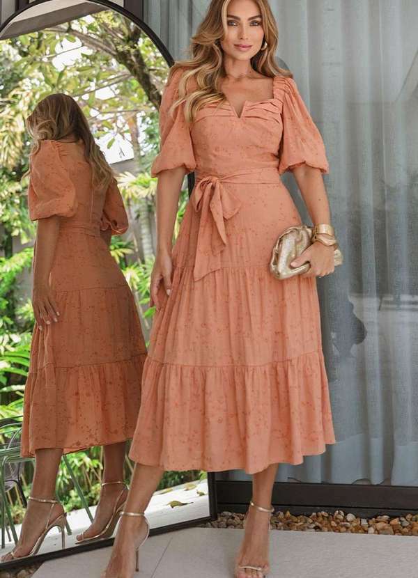 Miss Misses - Vestido Marcela Laise Manga 3/4 e c/ Faixa Marrom