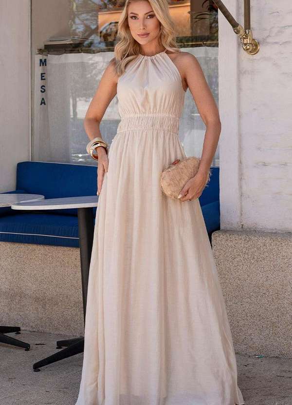 Miss Misses - Vestido Micaela Longo C/Franzido Cintura Bege