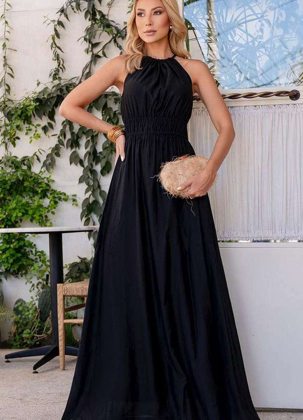 Miss Misses - Vestido Micaela Longo C/Franzido Cintura Preto