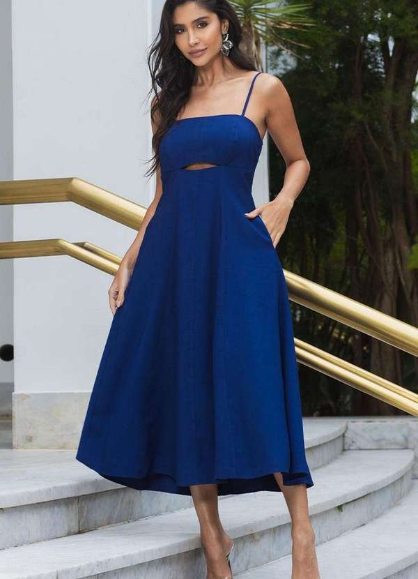 Miss Misses - Vestido Midi Amanda Detalhe Vazado c/ Bolsos Azul