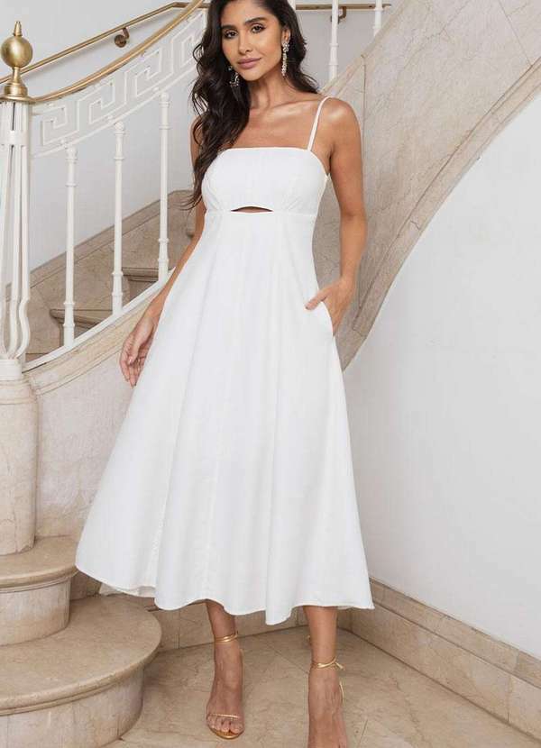 Vestido Midi Amanda Detalhe Vazado com Bolsos Branco - Dress Us