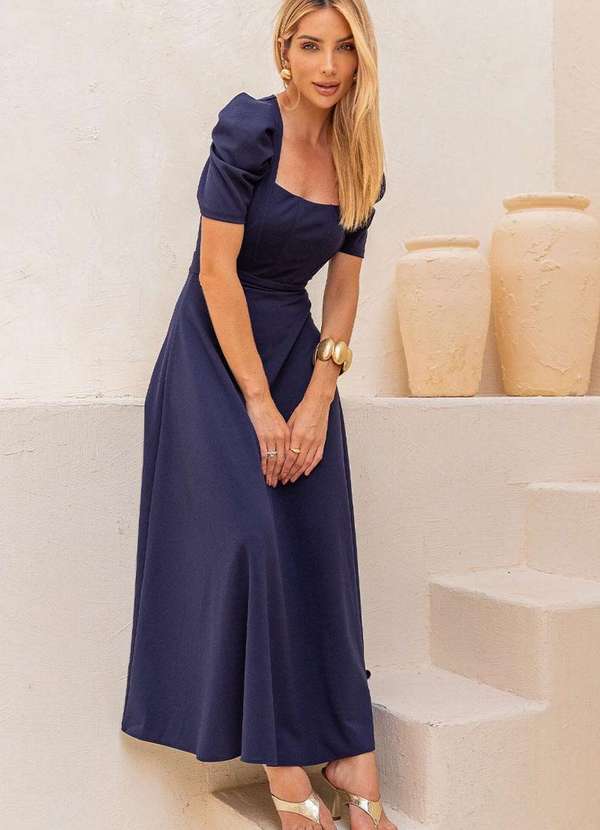 Miss Misses - Vestido Midi Bruna Manga Bufante c/ Barbatana Azul 4