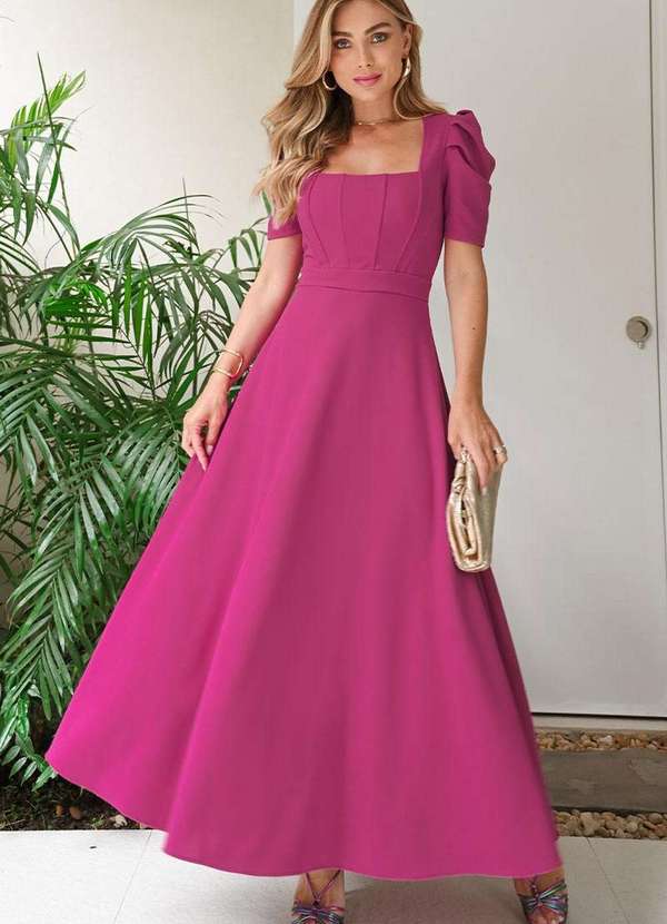 Miss Misses - Vestido Midi Bruna Manga Bufante c/ Barbatana Roxo