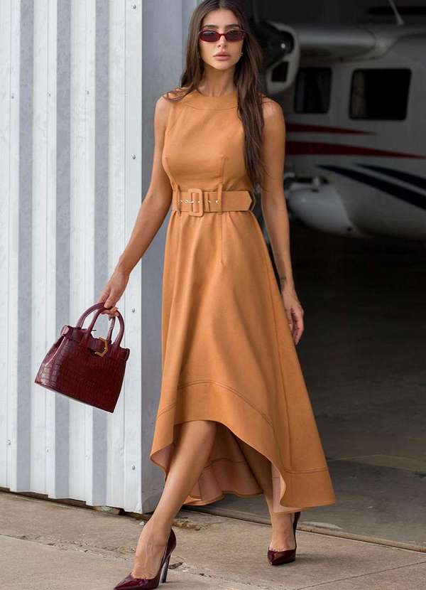 Dot Clothing - Vestido Midi Dot Clothing Mullet com Cinto Bege 5