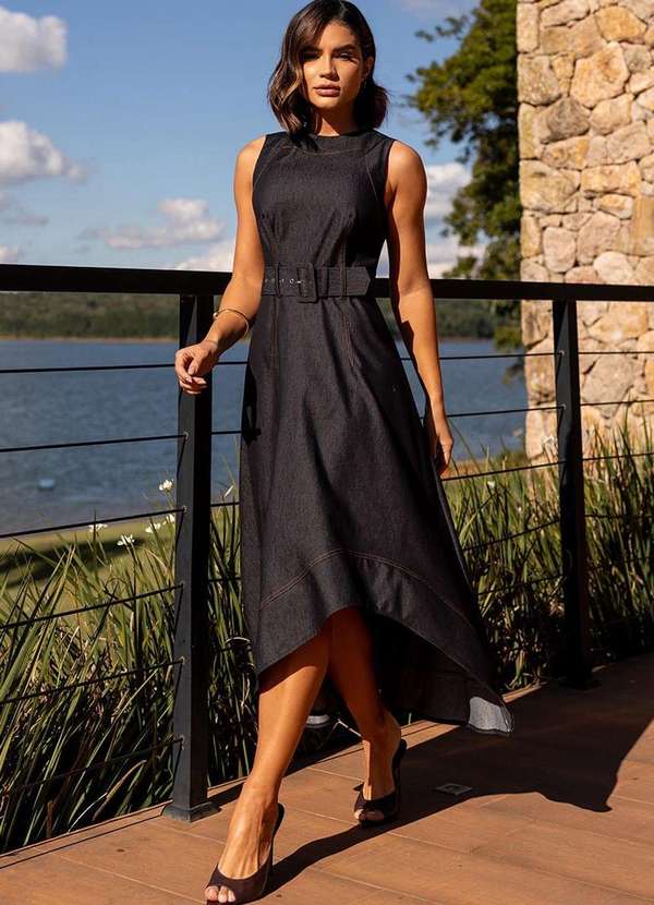 Dot Clothing - Vestido Midi Dot Clothing Mullet com Cinto Preto