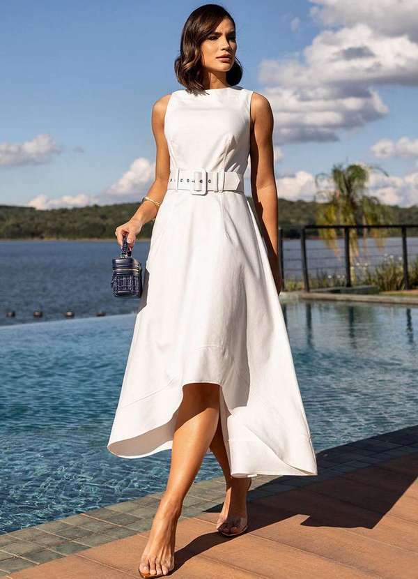 Dot Clothing - Vestido Midi Dot Clothing Mullet com Cinto Branco