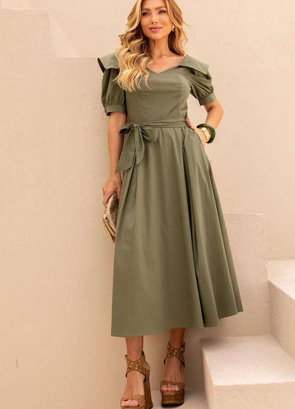 Miss Misses - Vestido Midi Karen c/ Gola e c/ Faixa Verde