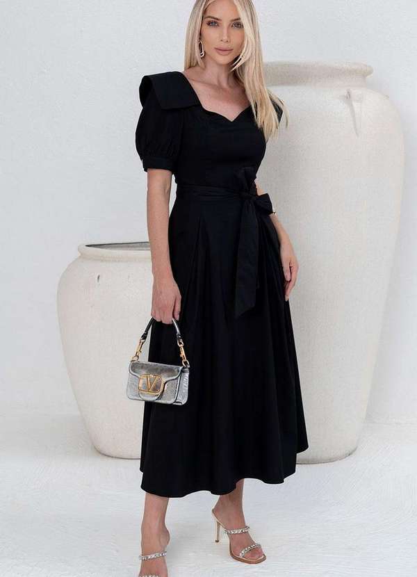 Miss Misses - Vestido Midi Karen com Gola e Faixa Preto