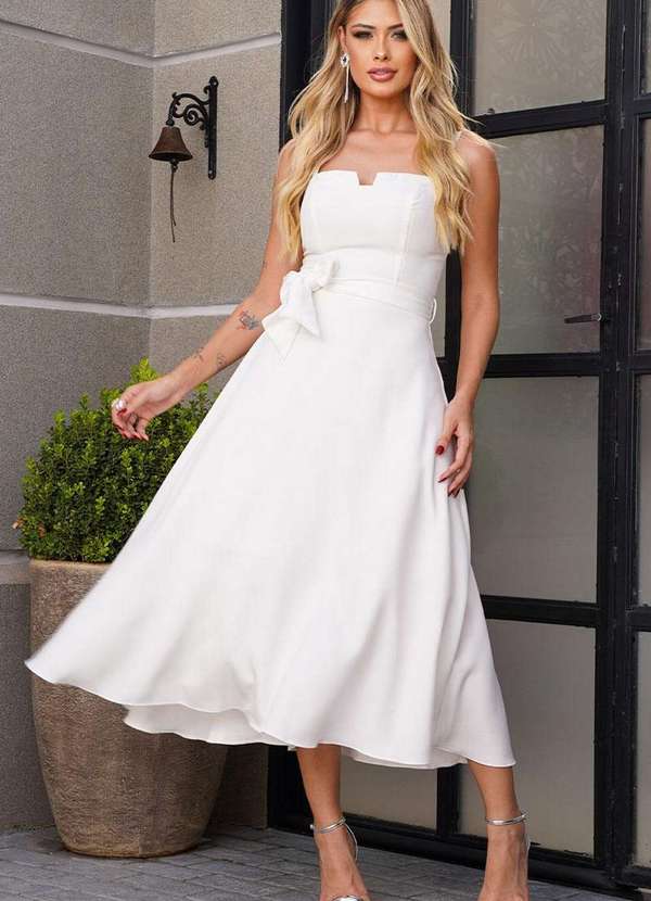 Miss Misses - Vestido Midi Patricia Alcas Finas e Faixa Off White Branco