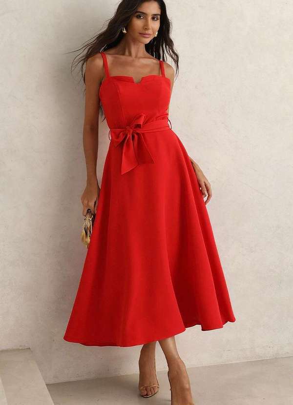 Miss Misses - Vestido Midi Patricia Alcas Finas e Faixa Vermelho Vermelho