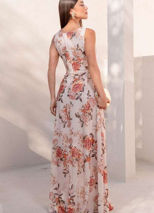 Miss Misses - Vestido Mirela Crepe Estampado Longo Bege Bege 2