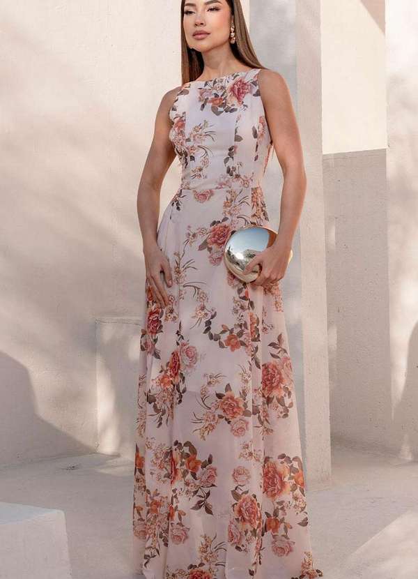 Miss Misses - Vestido Mirela Crepe Estampado Longo Bege Bege 4