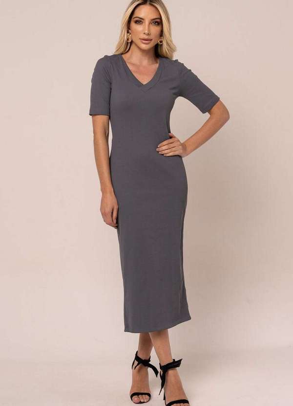 Miss Misses - Vestido Miss Misses Canelado Md Decote V Chumbo Cinza 1