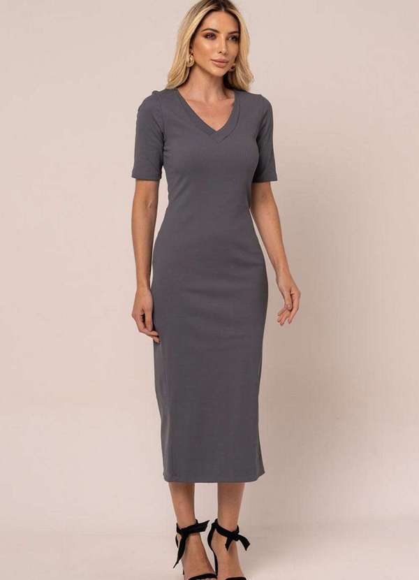 Miss Misses - Vestido Miss Misses Canelado Md Decote V Chumbo Cinza 5