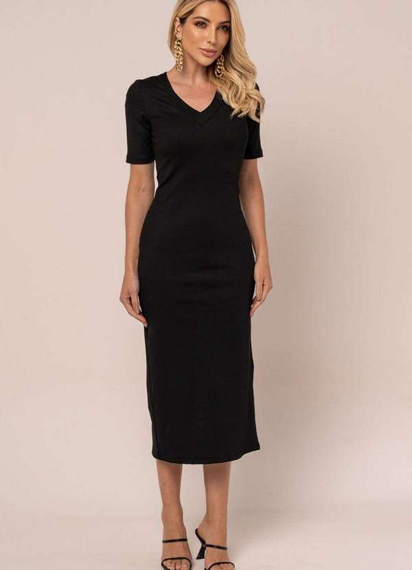 Miss Misses - Vestido Miss Misses Canelado Md Decote V Preto Preto
