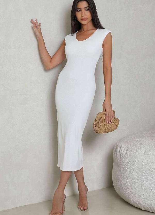 Miss Misses - Vestido Miss Misses Canelado Md Decote V Regata Branca Branco