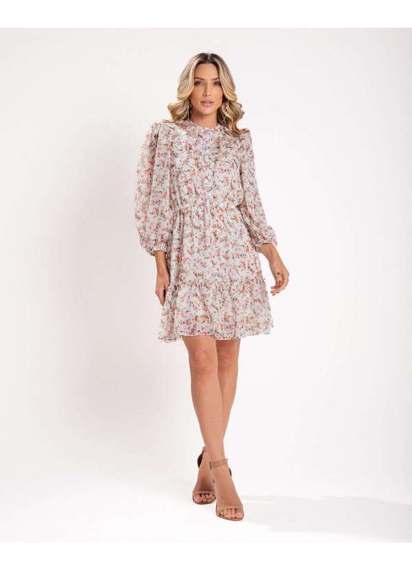 Miss Misses - Vestido Miss Misses Chiffon Estampado Babados Off White Branco