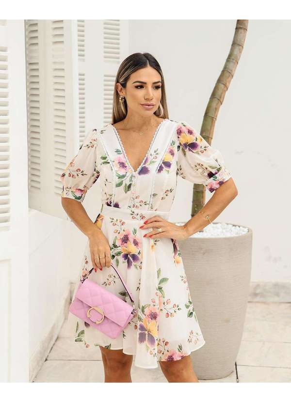 Miss Misses - Vestido Miss Misses Chiffon Estampado com Guipir Bege