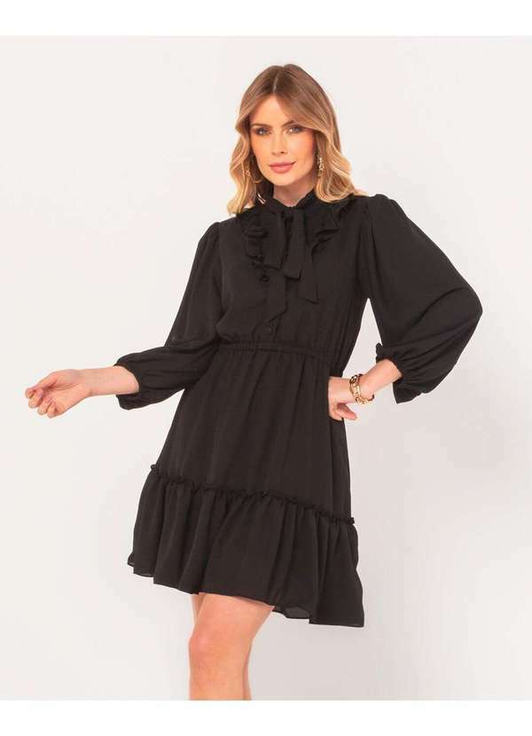 Miss Misses - Vestido Miss Misses Crepe Manga Bufante Babado Preto Preto