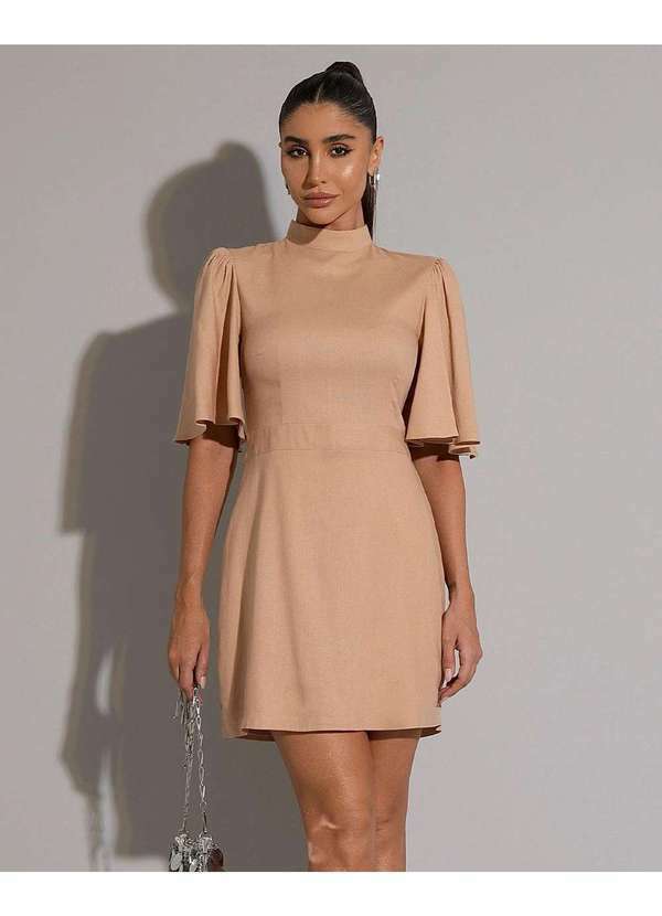 Miss Misses - Vestido Miss Misses Curto Linho Manga Sino Bege Bege