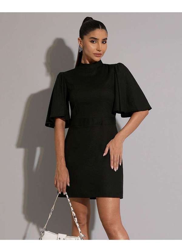 Miss Misses - Vestido Miss Misses Curto Linho Manga Sino Preto Preto