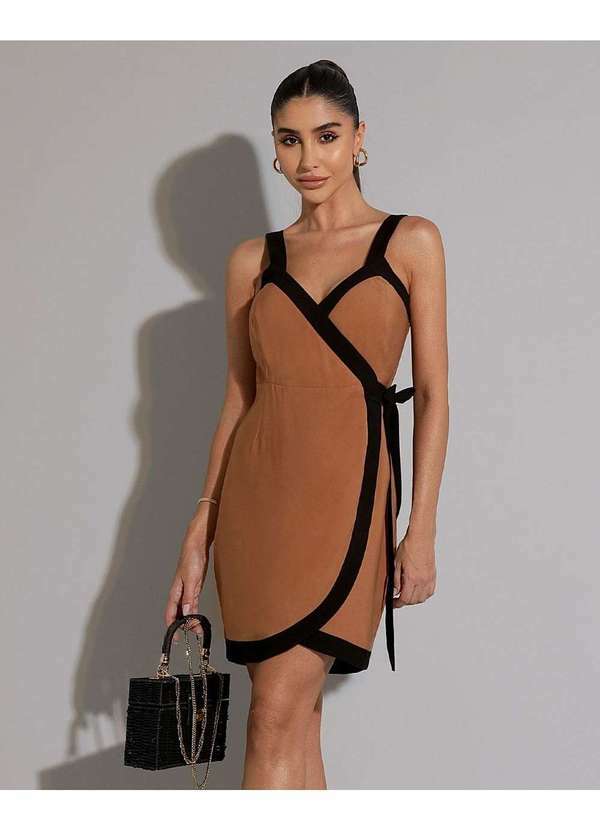 Miss Misses - Vestido Miss Misses Curto Transpassado Alcas Caramelo Marrom