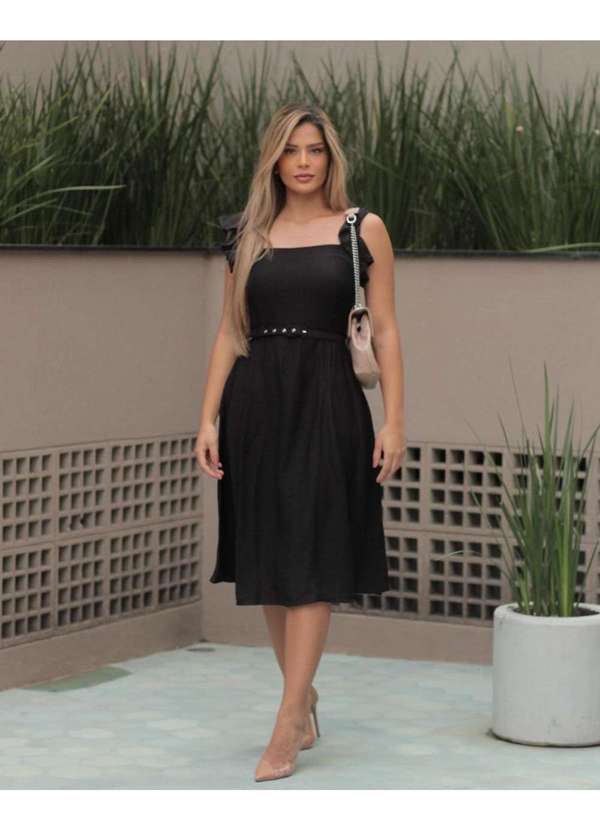 Miss Misses - Vestido Miss Misses Evase Midi com Babados Preto Preto