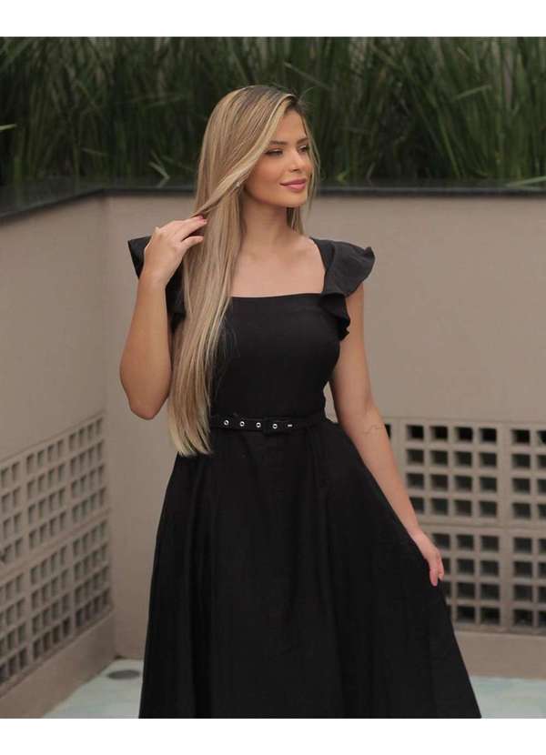 Miss Misses - Vestido Miss Misses Evase Midi com Babados Preto Preto 3