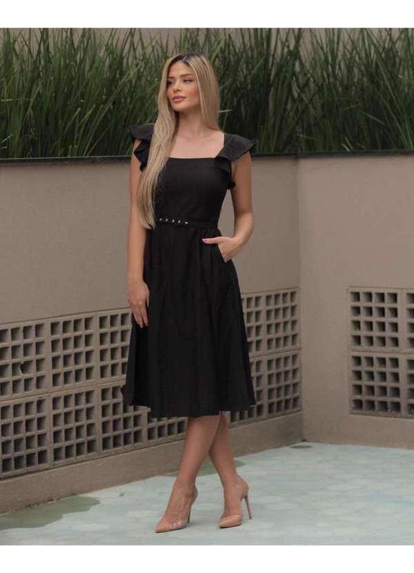 Miss Misses - Vestido Miss Misses Evase Midi com Babados Preto Preto 5