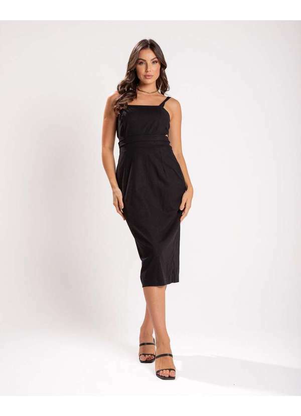 Miss Misses - Vestido Miss Misses Linho Abertura Lateral Preto Preto