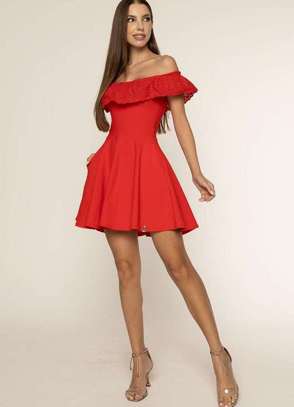 Miss Misses - Vestido Miss Misses Liso de Babado Vermelho