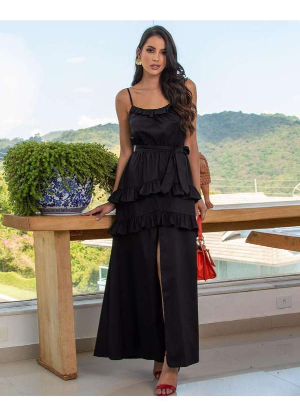 Miss Misses - Vestido Miss Misses Longo com Babado e Faixa Preto Preto