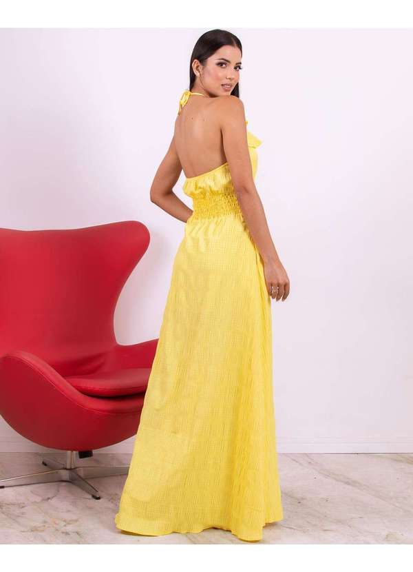 Miss Misses Vestido Miss Misses Longo com Fenda e Babados Amarelo  Estampado